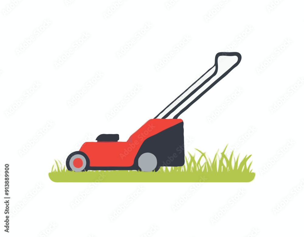 Red Lawn mower icon. Electric work tool for cutting grass Red Lawn mower icon. Electric work tool for cutting grass