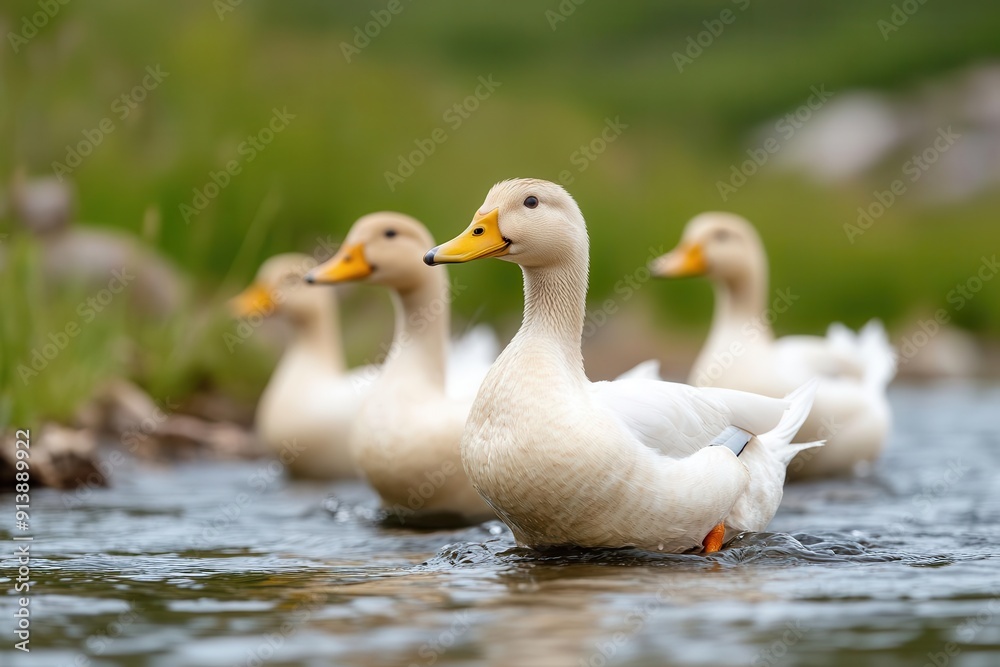 A serene scene of ducks swimming gracefully in clear water, surrounded by lush green nature. Perfect for wildlife and nature themes. A serene scene of ducks swimming gracefully in clear water, surrounded by lush green nature. Perfect for wildlife and nature themes.