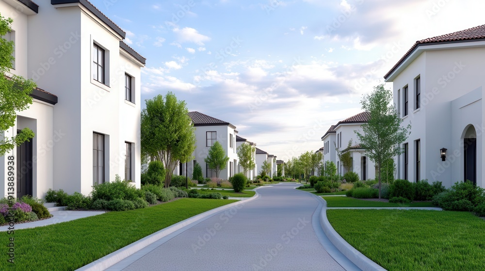 Fototapeta premium A serene suburban street lined with modern houses, lush greenery, and a clear blue sky, perfect for peaceful living.