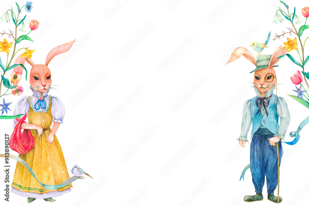 Png Easter bunny background lovely couple dressed in vintage looks illustrations Png Easter bunny background lovely couple dressed in vintage looks illustrations