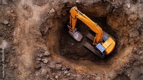 Aerial view of a construction site with an excavator digging a deep hole in the ground, showcasing heavy machinery at work. photo