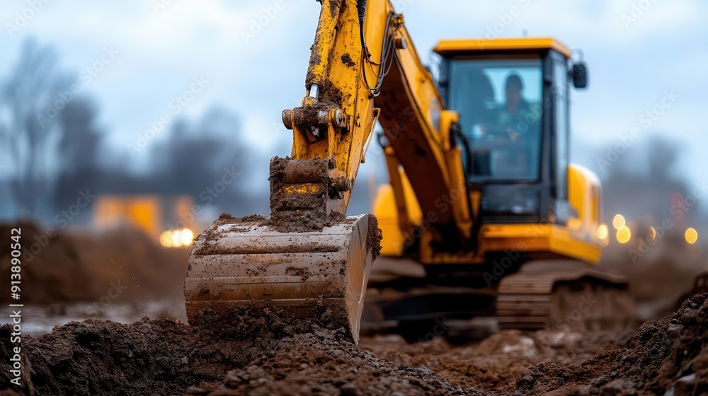 Obraz premium An excavator working on a construction site, showcasing its bucket digging into the earth, symbolizing heavy machinery in action.