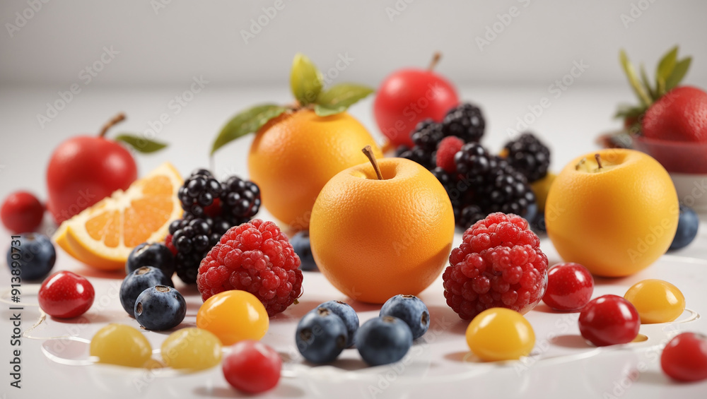 The image contains a variety of fruits, including apples, pears, grapes, raspberrie The image contains a variety of fruits, including apples, pears, grapes, raspberrie