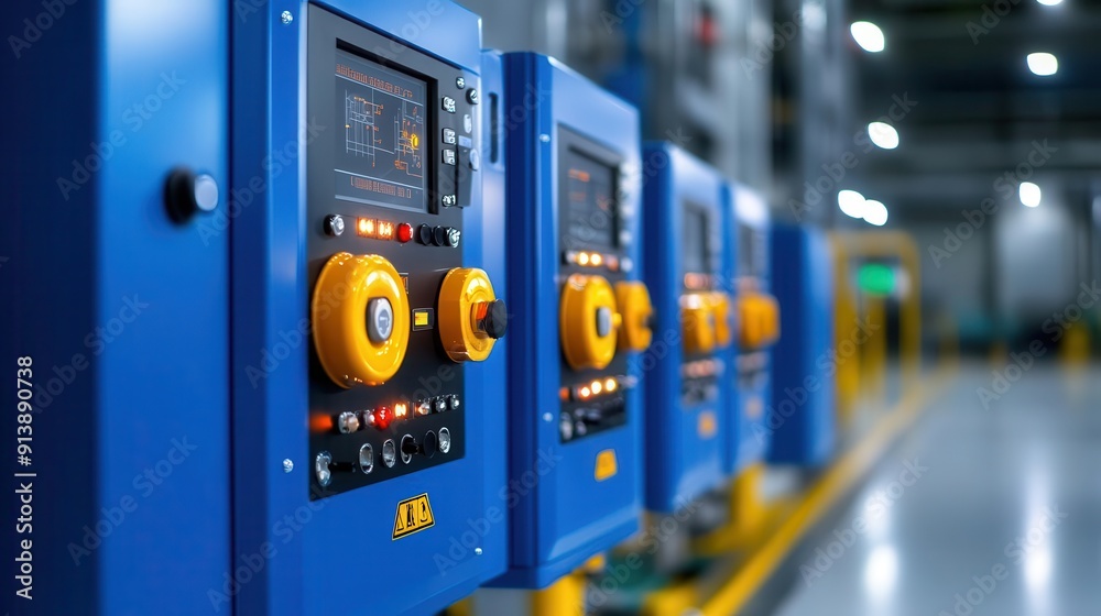 Close-up of industrial control panels with bright buttons, showcasing modern technology in a manufacturing environment. Close-up of industrial control panels with bright buttons, showcasing modern technology in a manufacturing environment.