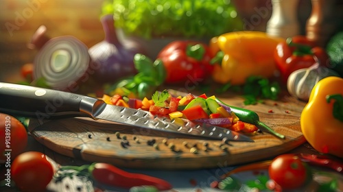 A vibrant kitchen scene featuring a knife and chopped vegetables on a wooden board, evoking freshness and culinary creativity. photo