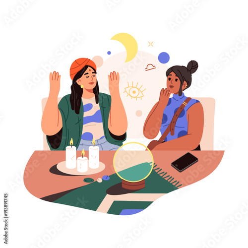 Vector psychic service or fortune teller foretelling. Cartoon fortuneteller with with crystal ball and astrology sign. Medium and magician job. Witch or magician future prediction. Paranormal, occult