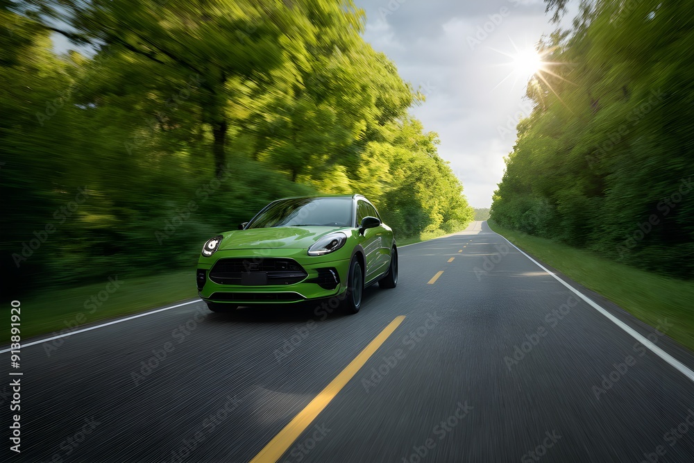 Green car speeds on road surrounded by trees, capturing motion under bright sunlight Green car speeds on road surrounded by trees, capturing motion under bright sunlight