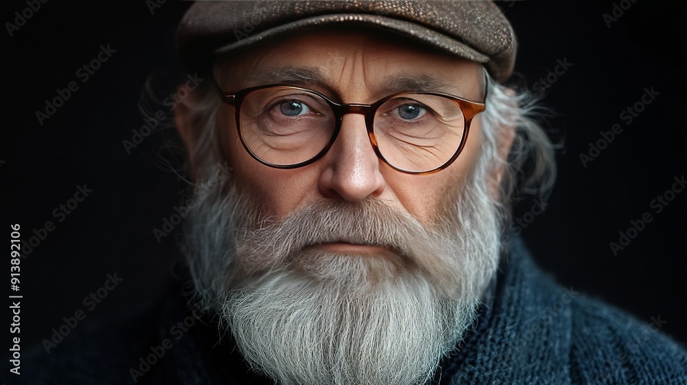 Portrait of a old man with long beard wearing a cap and glasses isolated on black Portrait of a old man with long beard wearing a cap and glasses isolated on black