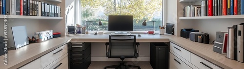 Organized home office with labeled storage, neat desk, clutter-free space, Productive home office layout, efficiency