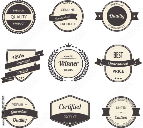 Vector illustration set of high premium quality tags, badges and ribbon banners in vintage style. Ideal for premium product labels and award seals.