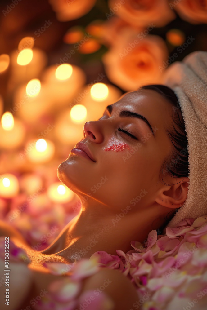 Fototapeta premium Woman at spa is immersed in tranquil atmosphere, surrounded by flower petals and aromatic oils. Her face reflects relaxation and self-care.