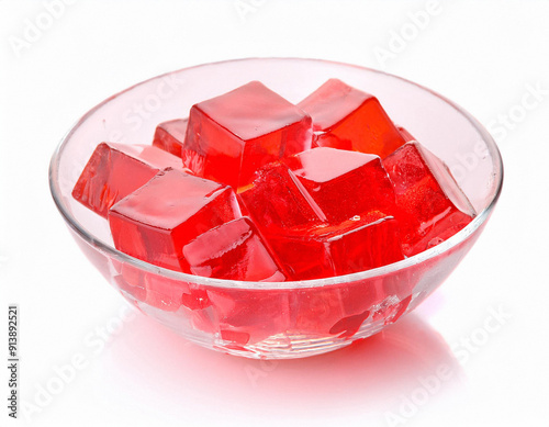 strawberry Jelly cubes in a glass bowl isolated. ai generated