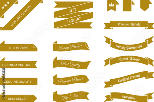 Vector illustration set of premium product gold ribbon banners and bookmarks. Templates for genuine quality and certified product tags, highlighting best seller and best choice