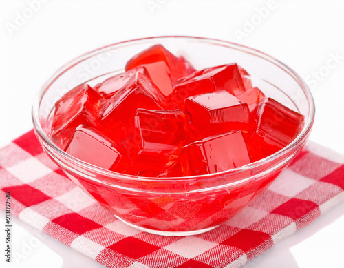 strawberry Jelly cubes in a glass bowl isolated. ai generated