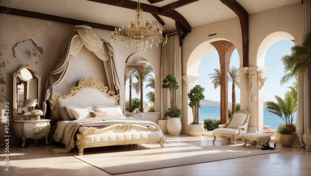 It's a luxurious bedroom with a large bed, a chandelier, It's a luxurious bedroom with a large bed, a chandelier,