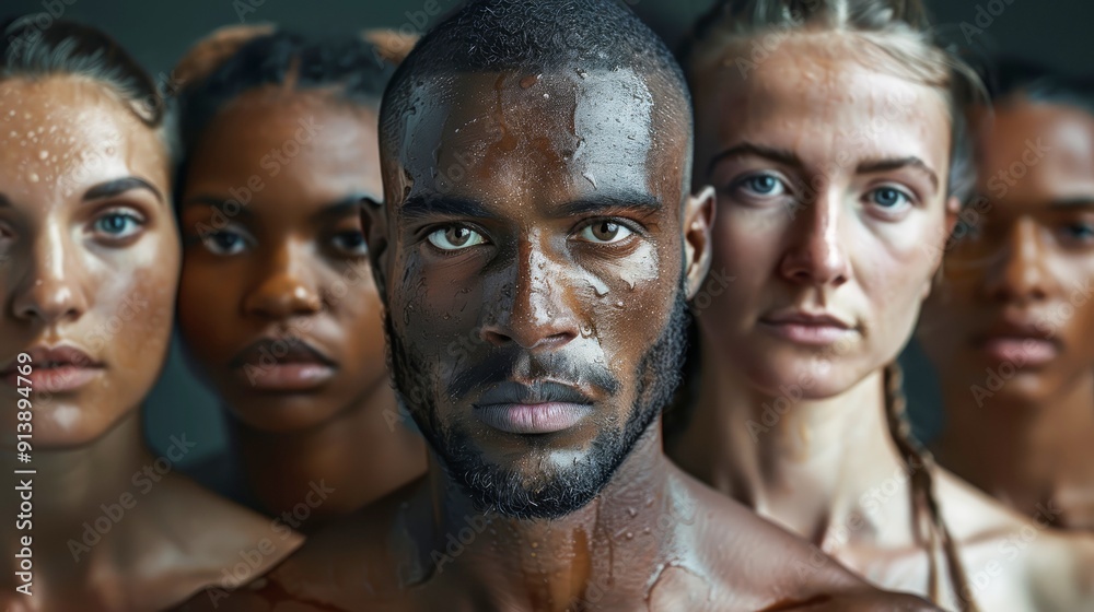 Portrait of athletes after workout, men and women sweating
