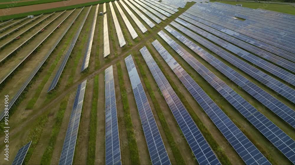 Aerial flyover footage of solar panel photovoltaic energy farm in a ...