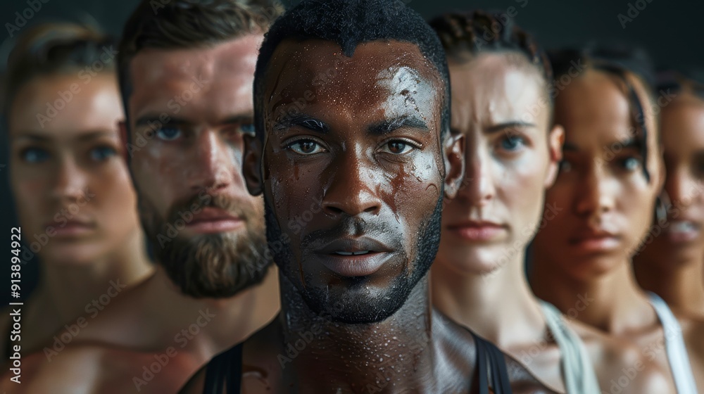 Portrait of athletes after workout, men and women sweating