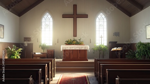 The interior of a Protestant church featuring simple decor, a wooden cross, and an open Bible on the altar.