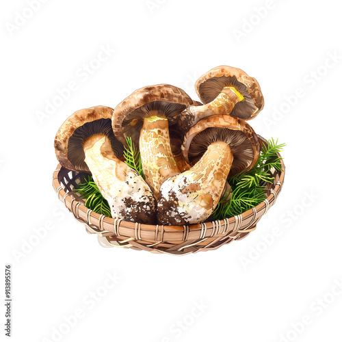 Watercolor illustration of matsutake mushroom on white background