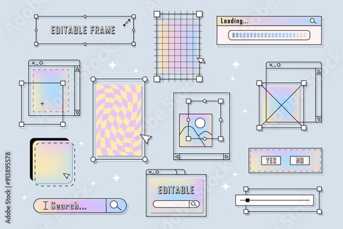 Vector retro frames or vintage computer window elements. Button and textbox, editable search and volume, progress bar. Old operation system symbol set for user interface. Vaporwave digital UI and UX