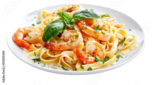 Plate of fettuccine alfredo with shrimps on transparent background