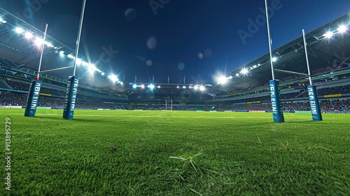 Bright Rugby Stadium Lights Illuminate Nighttime Match with Large Enthusiastic Crowd, Green Grass Field, and Rugby Goal Posts in a Photorealistic Wide-Angle View of Sports Event Atmosphere