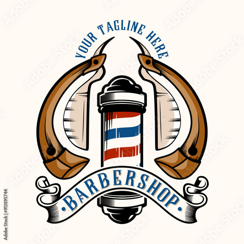 Barbershop logo. barber pole, razor in ornamental frame, with vintage style, perfect for barber shop, haircut salon. Vector illustration