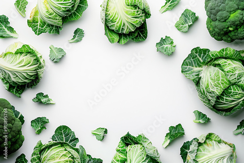 Assorted Fresh Cabbage with One Cut in Half on Clean White Background - Ideal for Cooking and Recipe Illustrations photo