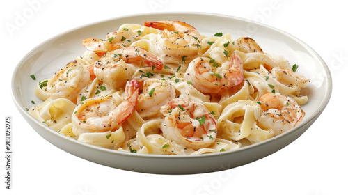 Plate of fettuccine alfredo with shrimps on transparent background