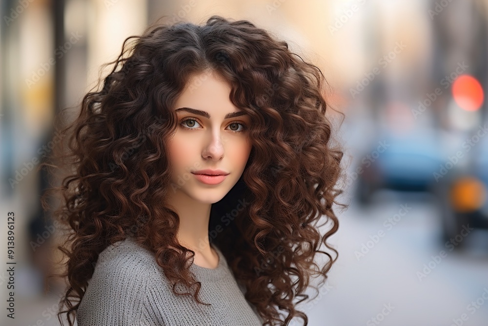 A woman with curly hair is standing on a city street A woman with curly hair is standing on a city street