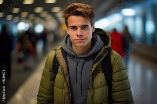 A young man wearing a green jacket and a gray hoodie is smiling for the camera