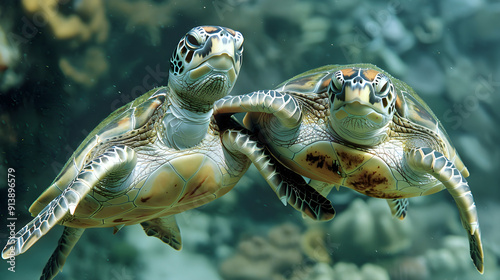 Two green sea turtles glide gracefully through the water, swimming effortlessly side by side together. photo