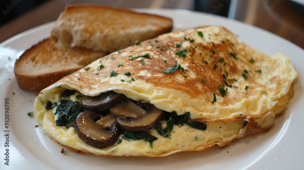A close-up of a fluffy omelet filled with cheese, mushrooms, and spinach, served on a white plate with a side of toast. A close-up of a fluffy omelet filled with cheese, mushrooms, and spinach, served on a white plate with a side of toast.