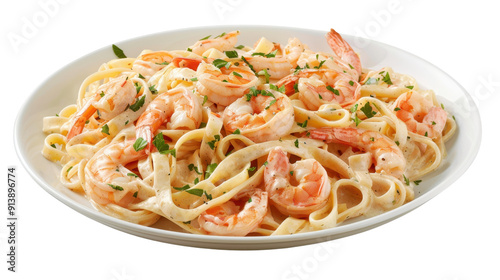 Plate of fettuccine alfredo with shrimps on transparent background