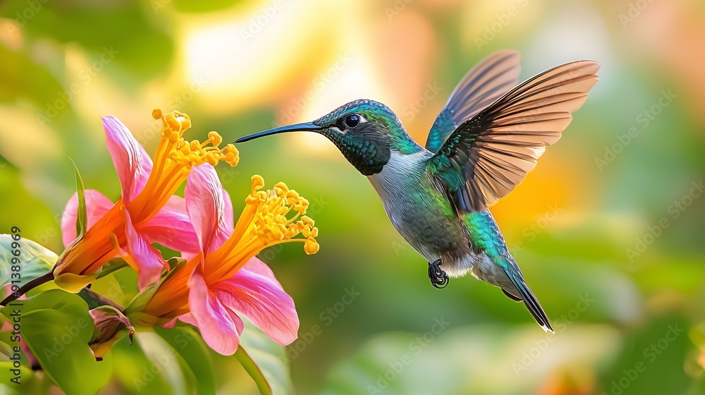 Close-up of a hummingbird collecting nectar from tropical flowers, Costa Rica Close-up of a hummingbird collecting nectar from tropical flowers, Costa Rica