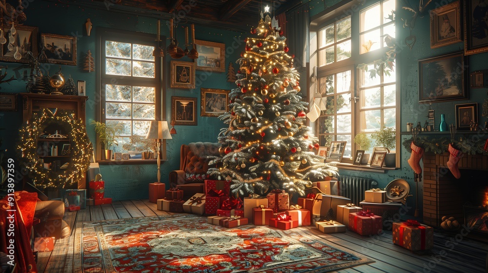 Christmas tree in the home Christmas interior. Beautiful Christmas background. Fireplace Lights Decoration, Hanging Socks. Garland. Gifts. Holiday decor. New Year's card Christmas tree in the home Christmas interior. Beautiful Christmas background. Fireplace Lights Decoration, Hanging Socks. Garland. Gifts. Holiday decor. New Year's card