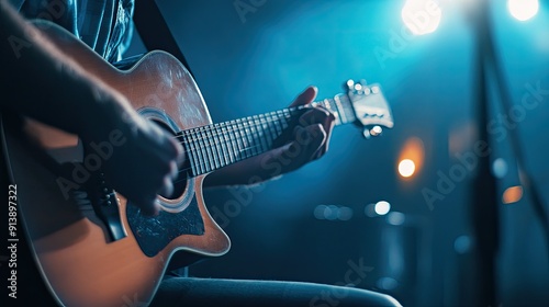A close-up of a worship leader playing a guitar, with a backdrop of a modern worship stage.