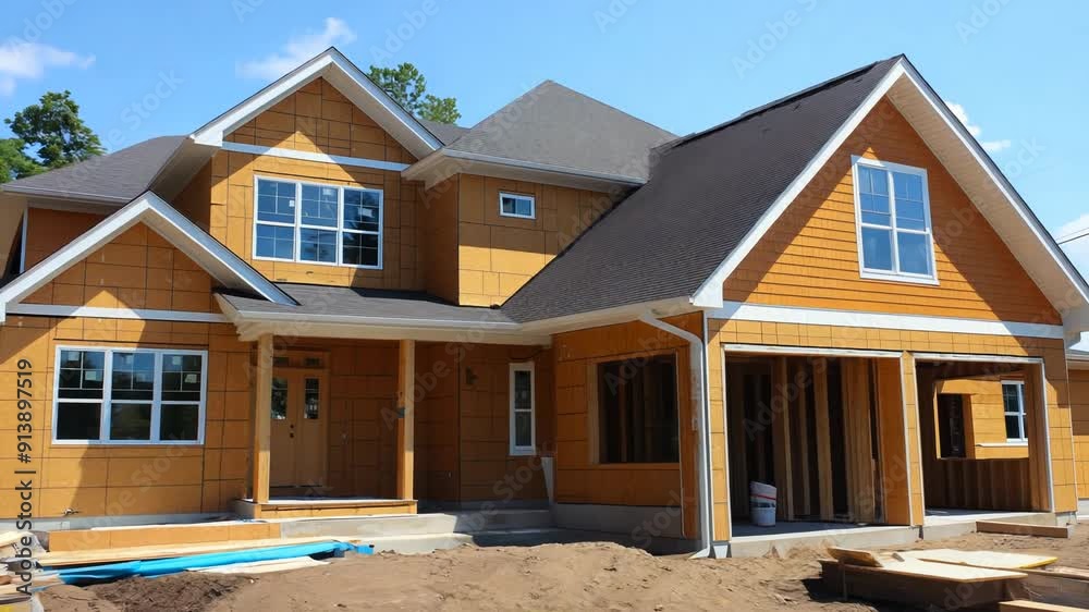New home construction, exterior view of large wooden house being built with unfinished landscape