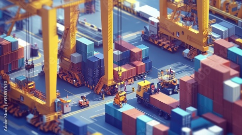 Wallpaper Mural A close-up of workers loading containers onto a ship at a busy port, with cranes and machinery in action. Torontodigital.ca