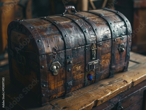 Rustic Antique Wooden Treasure Chest Displayed on a Table in a Cozy Workshop