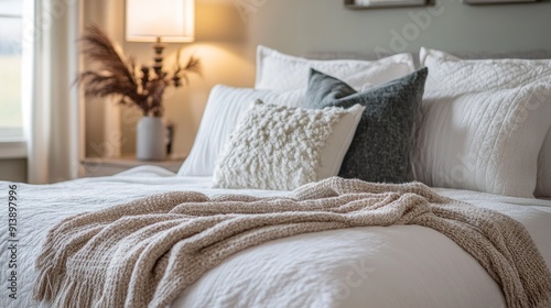 A cozy bedroom with a neatly made bed featuring soft white linens, fluffy pillows, and a throw blanket.