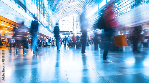 a busy airport terminal with people walking around, motion blurred photo 