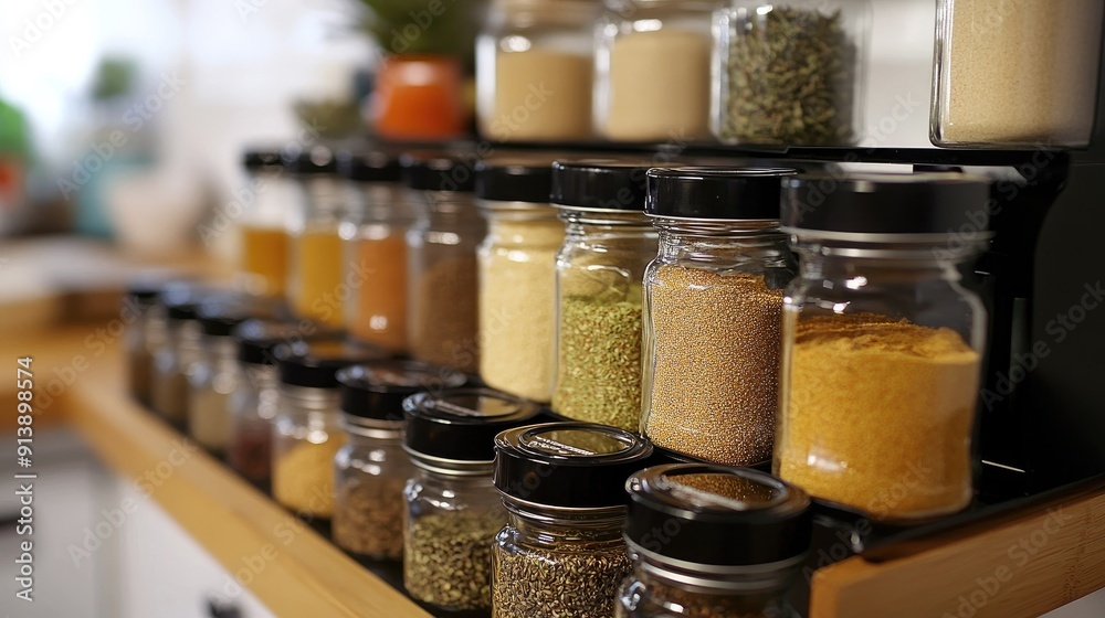 A detailed shot of a spice rack in a kitchen, with neatly labeled jars of herbs and spices. A detailed shot of a spice rack in a kitchen, with neatly labeled jars of herbs and spices.