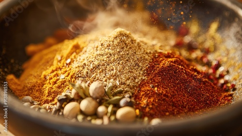 Fototapeta Naklejka Na Ścianę i Meble -  A detailed shot of a spice blend being mixed in a bowl, highlighting the textures and colors of each ingredient.