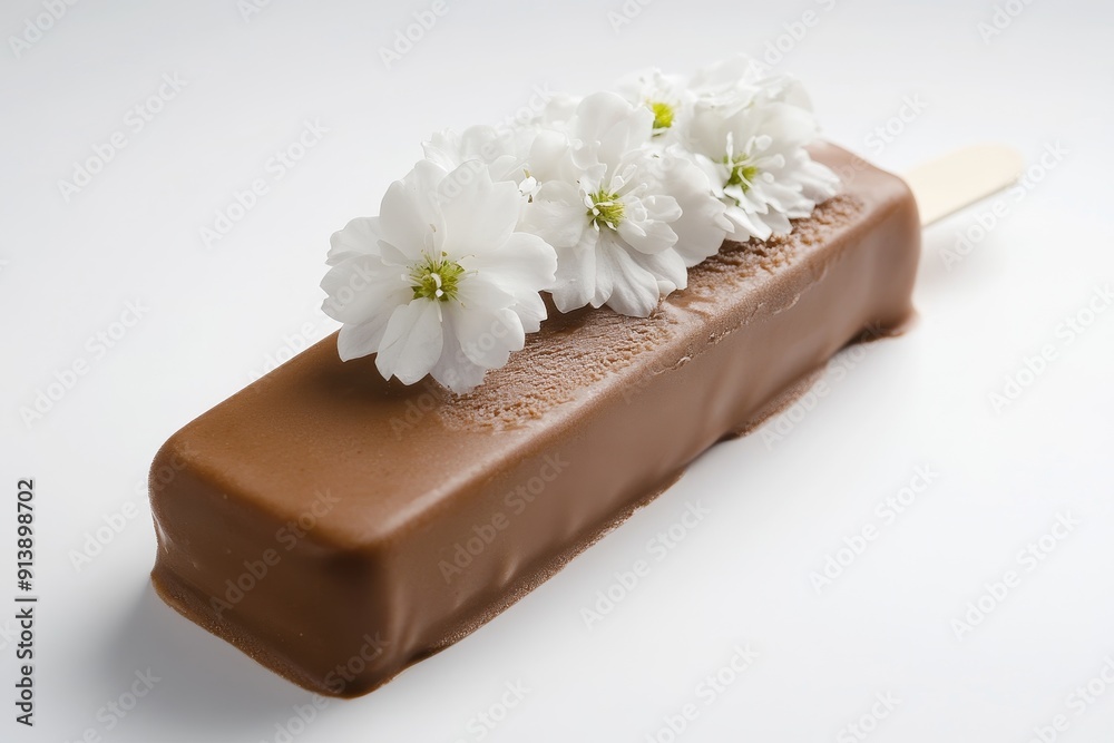 A chocolate ice cream bar with white flowers emerging from the top, against a plain white background. High-resolution, detailed textures, crisp focus A chocolate ice cream bar with white flowers emerging from the top, against a plain white background. High-resolution, detailed textures, crisp focus