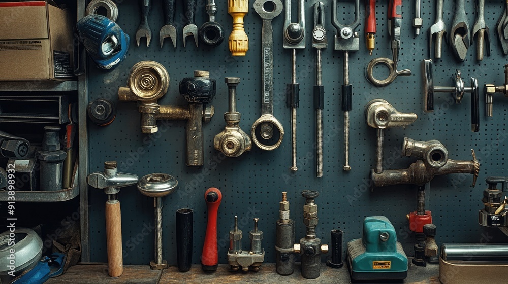 A detailed shot of various plumbing tools laid out neatly on a workbench, ready for use. A detailed shot of various plumbing tools laid out neatly on a workbench, ready for use.
