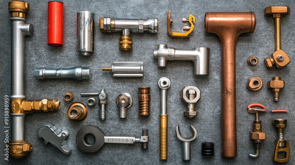 A detailed shot of various plumbing tools laid out neatly on a workbench, ready for use. A detailed shot of various plumbing tools laid out neatly on a workbench, ready for use.