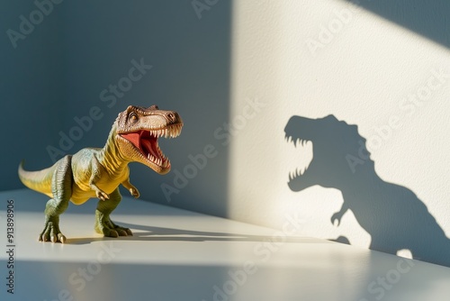 A toy dinosaur standing on a white table, with a cutout shaped like a roaring dinosaur shadow behind it. High-resolution, detailed textures, crisp focus photo