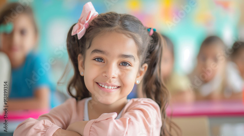 Portrait of smiling little girl among her friends at school. School children sitting behind desks in classroom.
